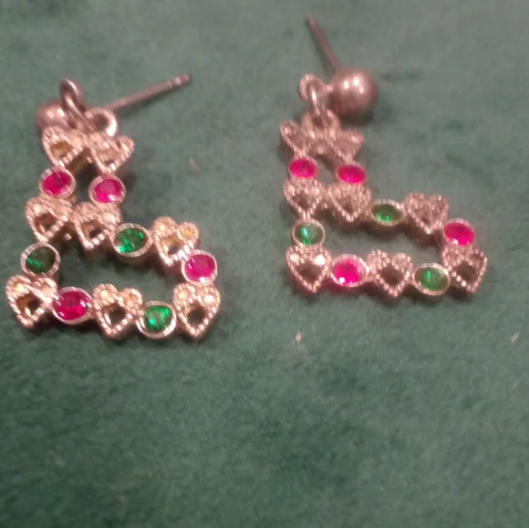 3/$18 Holiday Stocking Dainty Dangle Earrings Ruby Emeralds Sterling Silver - Picture 1 of 10